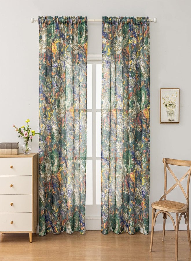 SUOUO Vintage Floral Semi-Sheer Curtains Linen Textured for Living Room Patterned Green Painting Flower 84 inches Long Rod Pocket Light Filtering Window Drapes for Bedroom Dining 2 Panels - Image 2